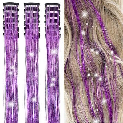 Haar-Lametta-Set, 18-teilig, Haar-Lametta zum Anklipsen, 49,4 cm, Glitzer-Lametta-Haarverlängerungen, hitzebeständig, Haar-Lametta zum Anklipsen, funkelnde Feen-Haar-Accessoires für Kinder, Mädchen