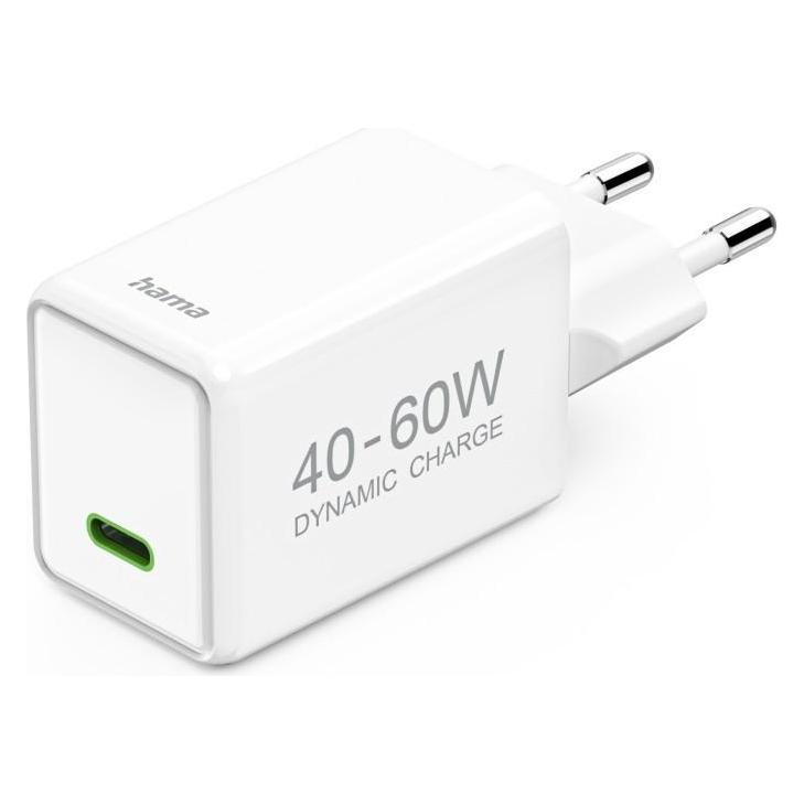 Hama Schnellladegerät, GaN, USB-C, PD, Dynamic Fast Charger 40-60 W, Weiss (60 W, 1 Port) (00201941)
