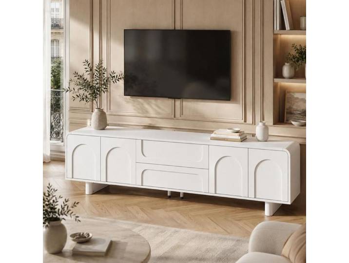 LEMONMAX Meuble TV moderne arrondi 180 cm avec 4 portes 2 tiroirs et rangements blanc