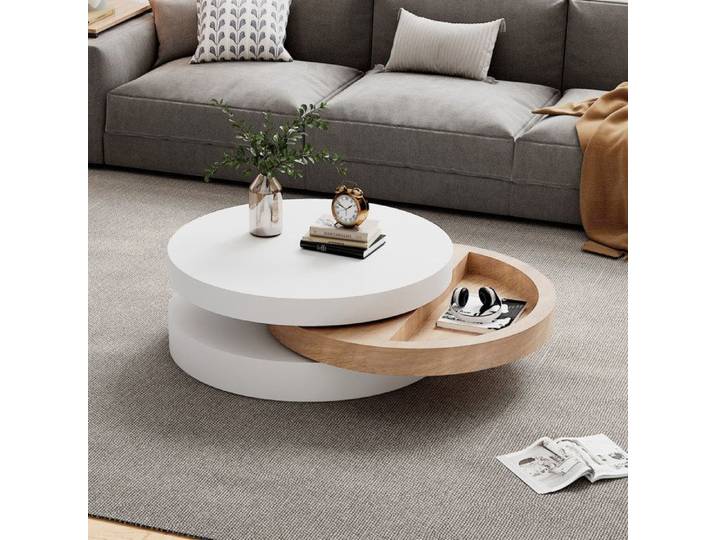 Table Basse Ronde Rotative Blanc Et Bois Table Design FloraGrace Pour Salon Avec Rangement Cache 60x60x35 1cm