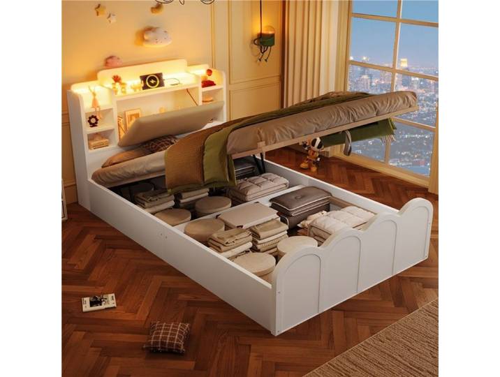 Lit panneau hydraulique 90x200 cm blanc LED USB-C coffre rangement multifonction lit compact
