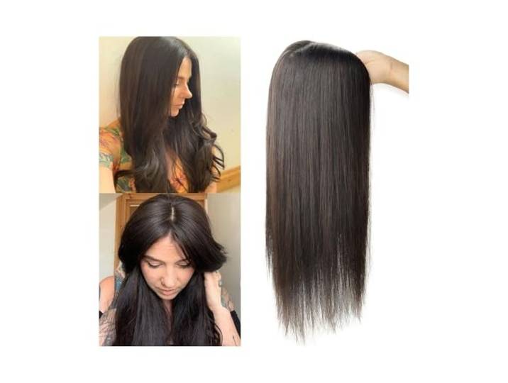 Haar-Topper Haarteile 10-24 Zoll langes Echthaar-Topper, 12 x 13 cm, Haarteil mit Seidenbasis, Mittelscheitel, glattes Naturhaar-Topper for Frauen mit dünner werdendem Haar Haartopper für Frauen(20 in