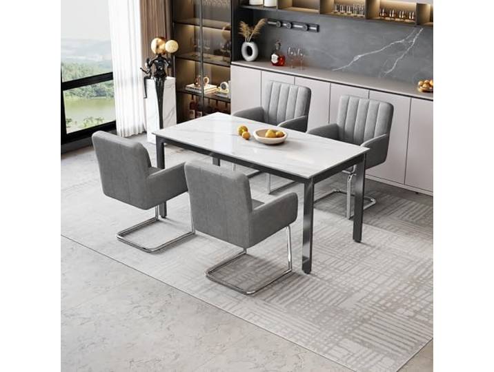 DUlVBPE 4er Set Esszimmerstühle mit vertikalen Streifen,Gepolsterter Sessel mit zickzackförmige Metallbeine,Lounge-Stuhl,Wohnzimmerstuhl,Kunstleder,grau
