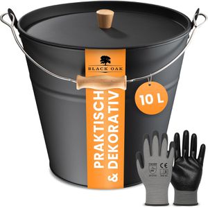 Black-Oak Ascheeimer Fuego schwarz, mit Holzgriff und Deckel, aus Metall, feuerfest, mit Handschuhen, rund, 10 Liter