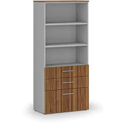 Büroschrank mit kombinierten Schubladen PRIMO GRAY, 800 x 420 x 1781 mm, grau/Nussbaum