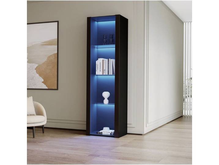 Vitrine noire brillante LED 3 étagères en verre meuble colonne 55 x 38 x 166 cm panneaux de particules ORVRYN