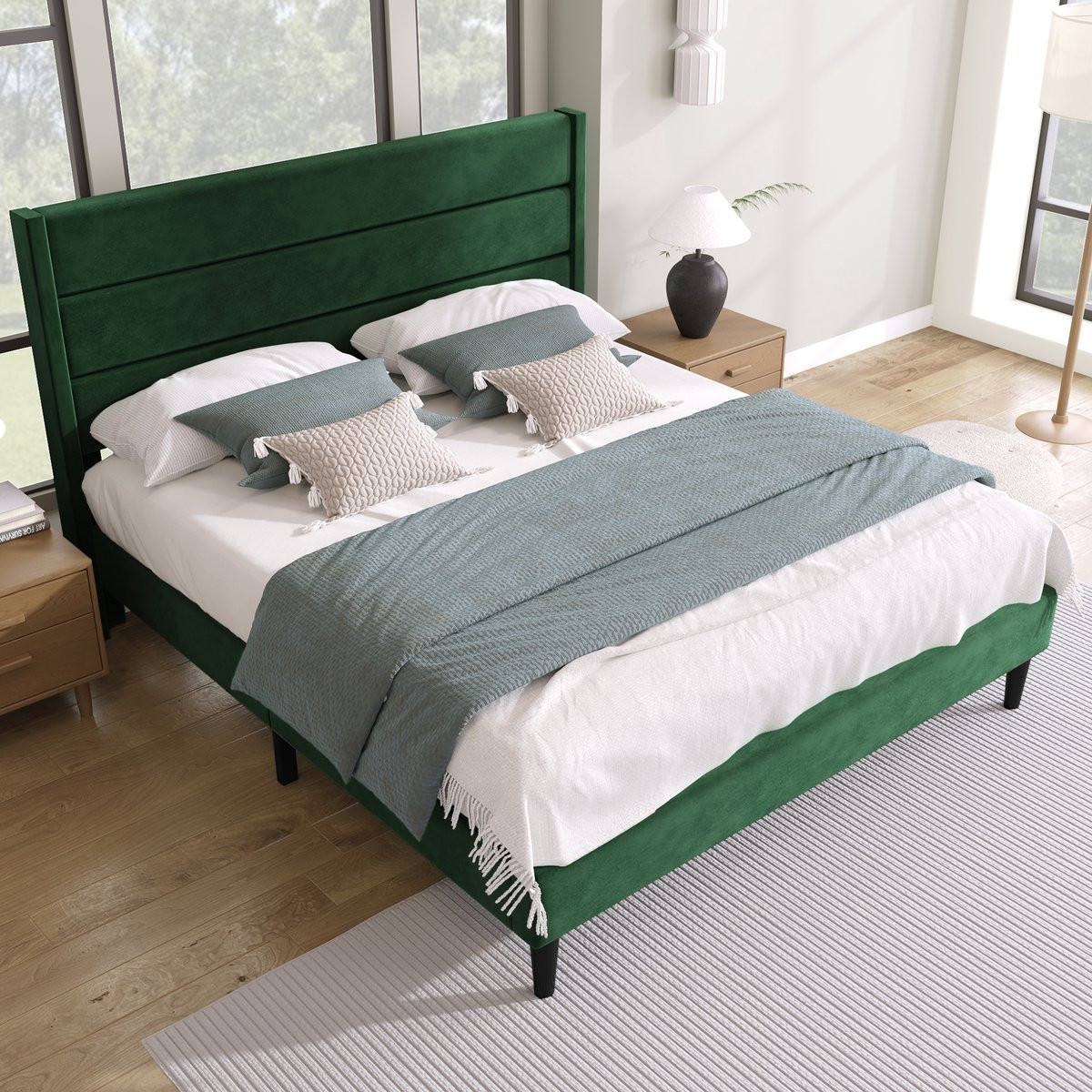MODFU Bedframe met matras, lattenbodem en 7-zones pocketvering, Donkergroen fluweel, B/D/H: 140 x 200 cm