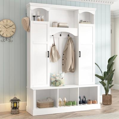 AISWORD Modern All-in-One Hall Tree with Adjustable Shelves & 7 Hooks,Arched Farmhouse Storage Bench with Dual Side Cabinets