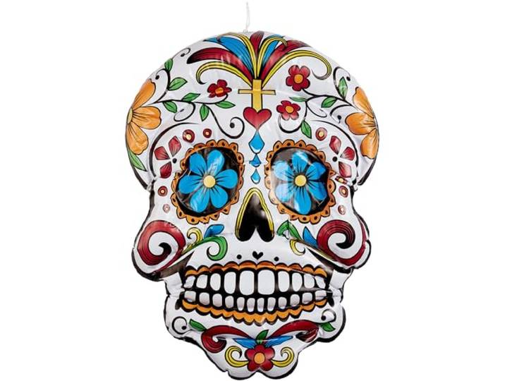 Inflatable Day of the Dead Hanging Skull, White, with Floral Print, 100cm/39in