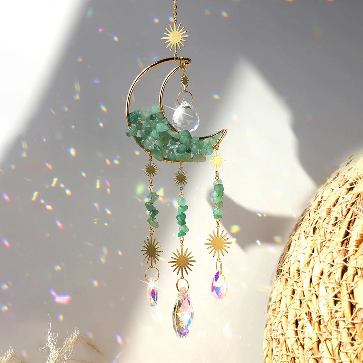 Cosy Casa Crystal Moon Suncatcher - Groen en Goud - Kristallen Maan Zonvanger met Amethist voor Raamdecoratie