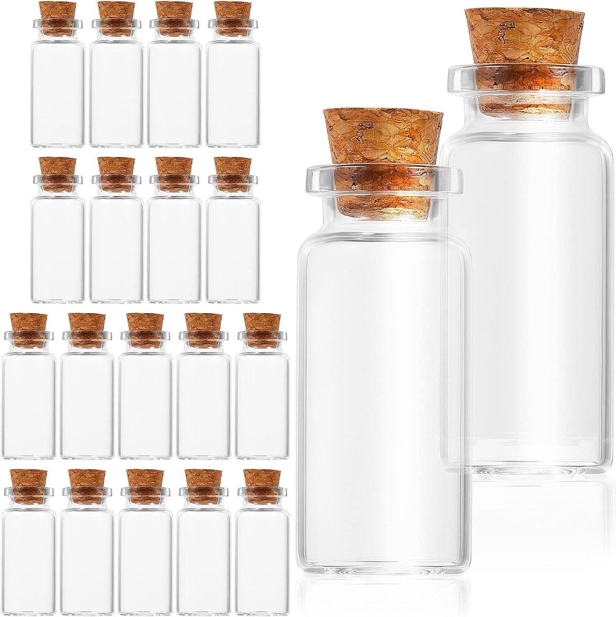 Set van 20 transparante glazen potjes met kurken deksel voor decoratie