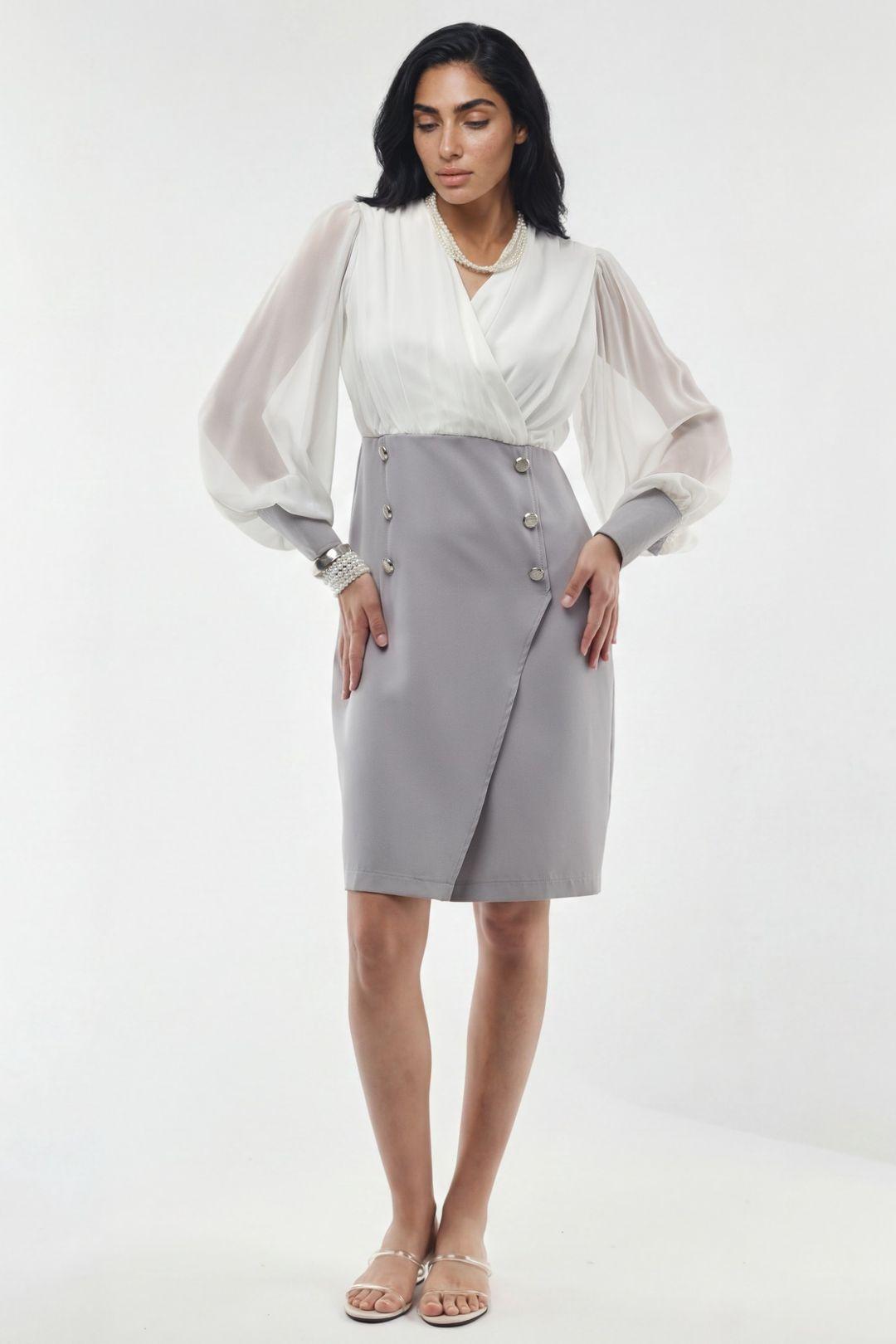 V-hals Midi Jurk met Knopdetail