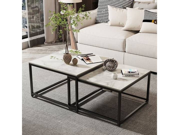 Lot de 2 Tables basses gigognes en pierre frittée et fer métallique - UNHO