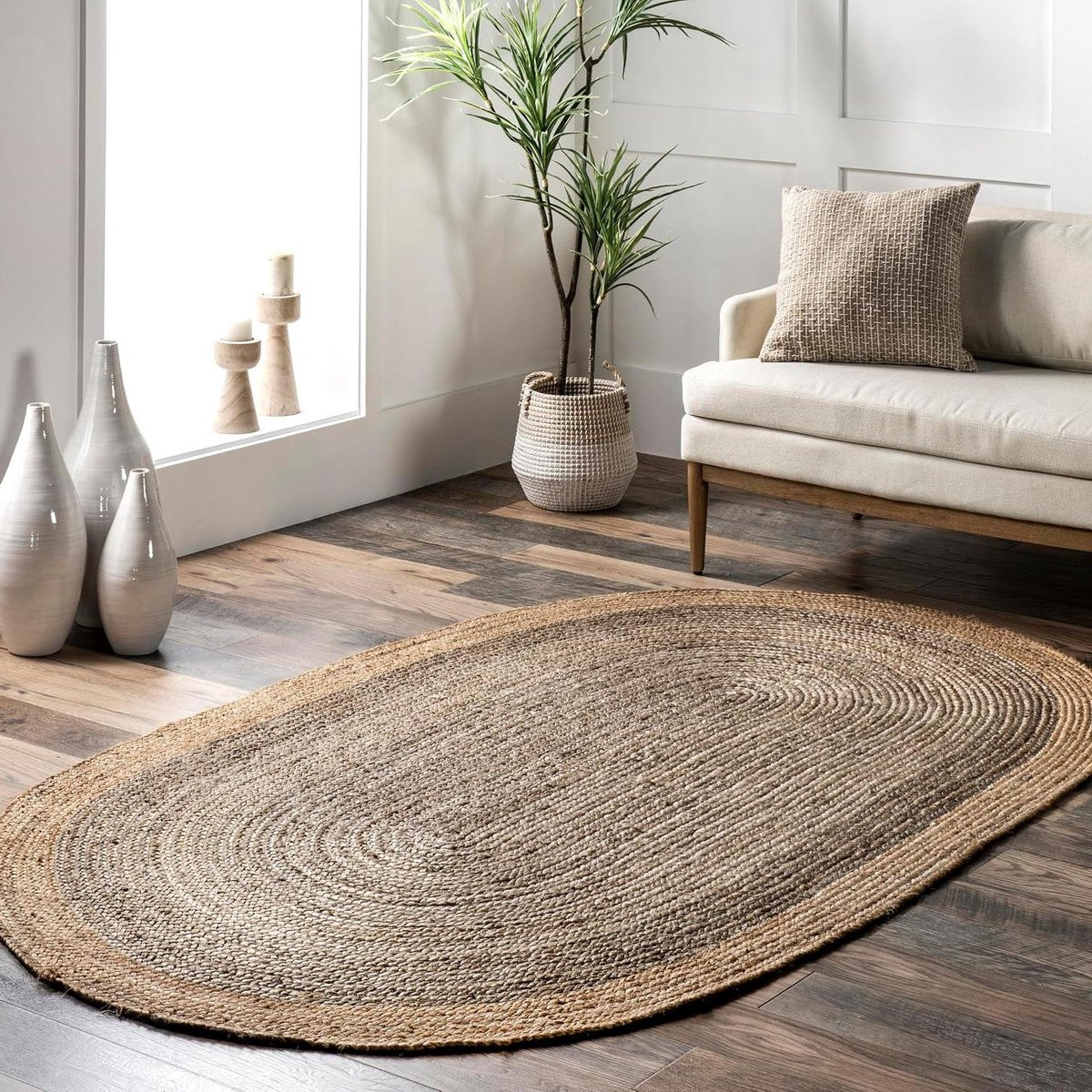 Handgeweven ovaal jute vloerkleed in grijze rustieke stijl