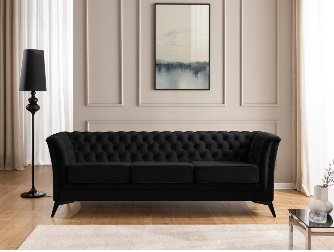 S-Style Furniture Whitby 3 Seater Velvet Sofa Black/Black