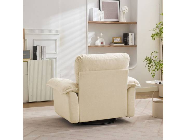fauteuil salon pivotant assise oversize chenille beige avec coussin soutien base metal stable EVRYAE