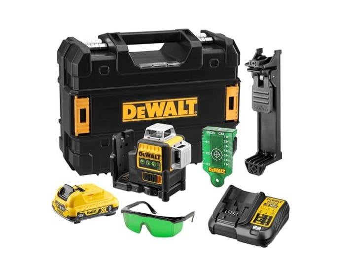 DEWALT Laser vert 12V XR 3x360° autonivelant\, DCE089D1G-QW Laser vert 12V XR avec 3 lignes 360° autonivelantes\, portée 30 m\, précision ±3 mm à 10 m et protection IP65.