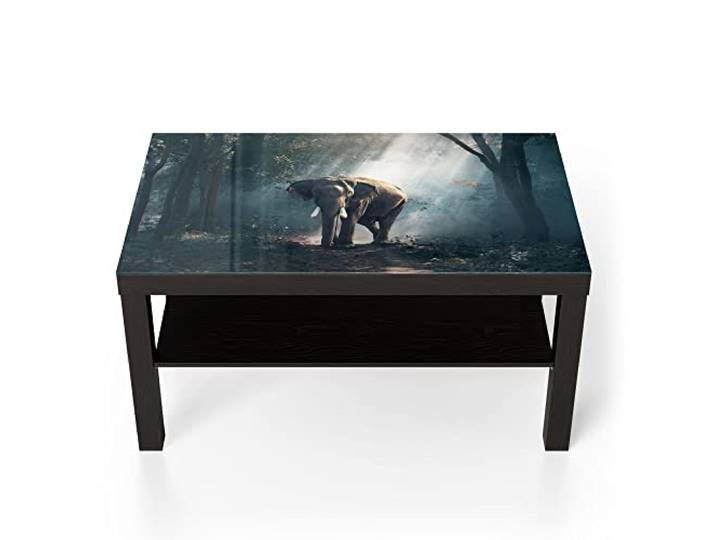 DEQORI Glastisch schwarz groß 90x50 cm Motiv Elefant im Wald ausgefallener Beistelltisch aus Glas Hochglanz Couchtisch fürs Wohnzimmer moderner Couch Tisch mit Design