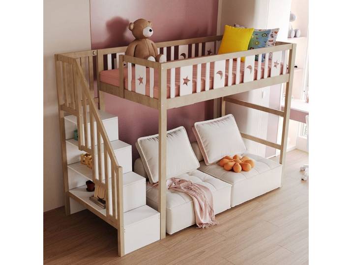 Lit mezzanine enfant - WESTYLE - Mezzanine Étoiles & Lunes - 90x200 cm - Bois massif - Escalier rangement