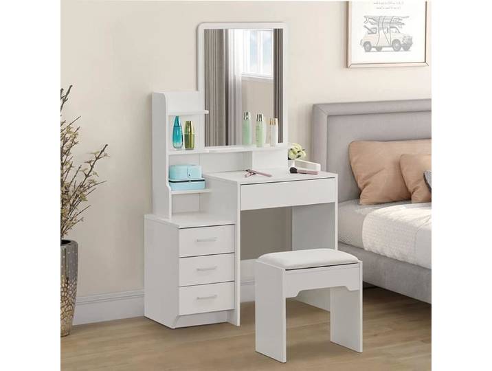 Coiffeuse avec Miroir - Table de Maquillage Moderne - Blanc - 4 étagères - 3 tiroirs