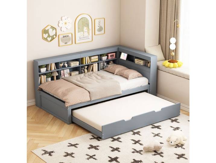 Schlafsofa 90x200cm avec lit 90x190cm extensible et prise USB - Lit multifonction bois gris