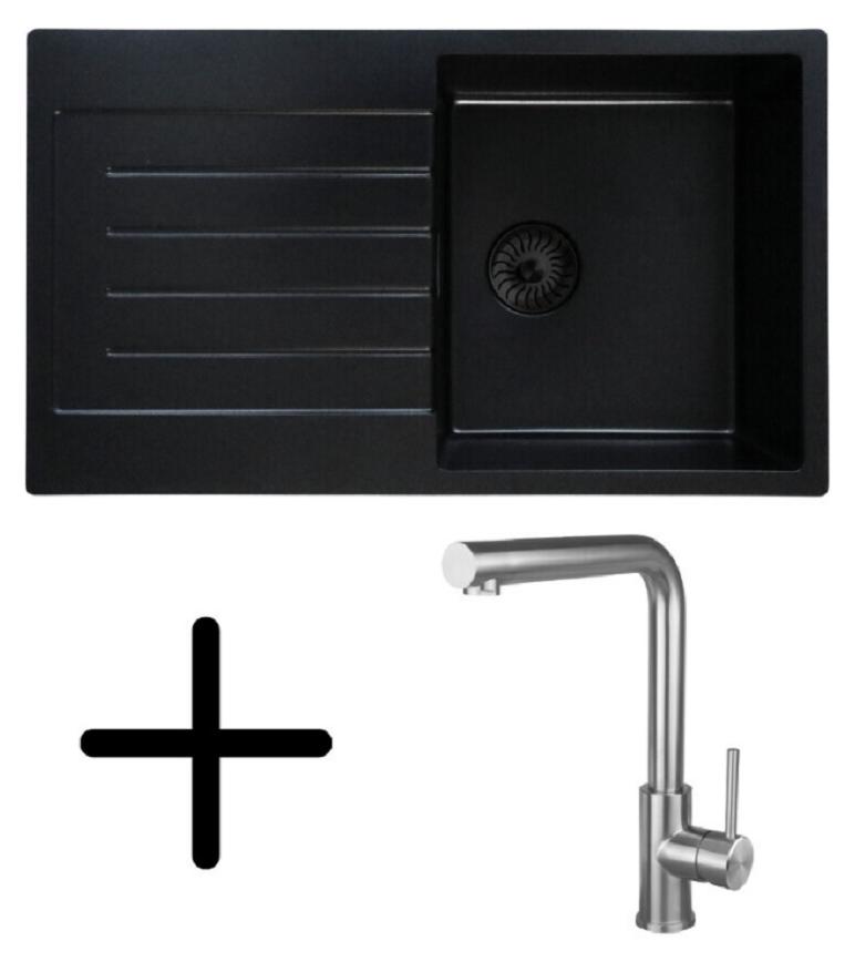 Caressi CAQPP770R10BK-EB Spüle, Einbau mit Küchenarmatur CABL003IU. Schwarz.