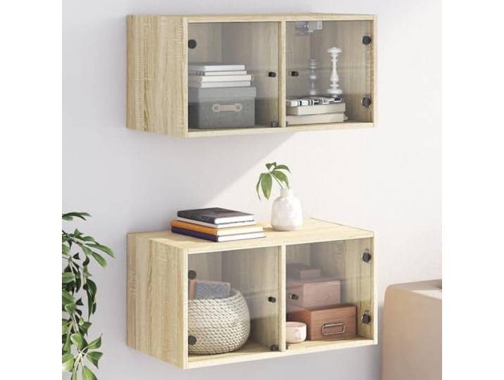 KGHFDVB Wandschrank mit Glastür 2 STK. Sonoma-Eiche 68,5x37x35 cm Schwebend Montierbar, Mehrere Fächer, Feuchtigkeitsresistent, Für Büro Und Wohnzimmer