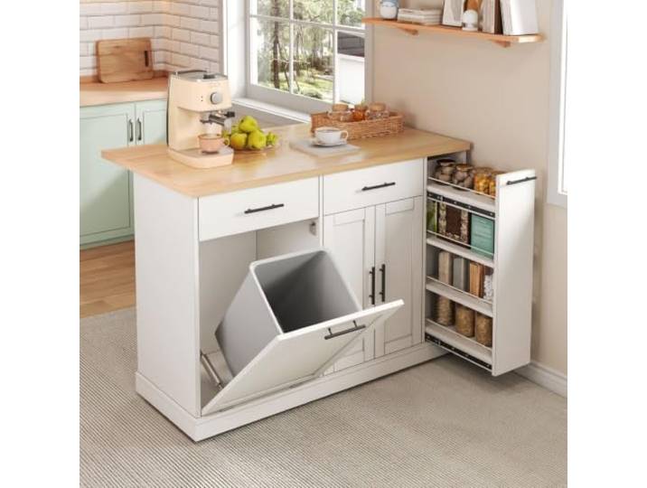 Fiednoy Küchenwagen auf Rollen, klappbare Arbeitsplatte, Weiß 120x91 cm Kücheninsel mit Müllfach, 4-stufigem Gewürzregal, 2 Schubladen, offener Ablage, Ablagetür, 360° Rollen, Esszimmer Wohnzimmer