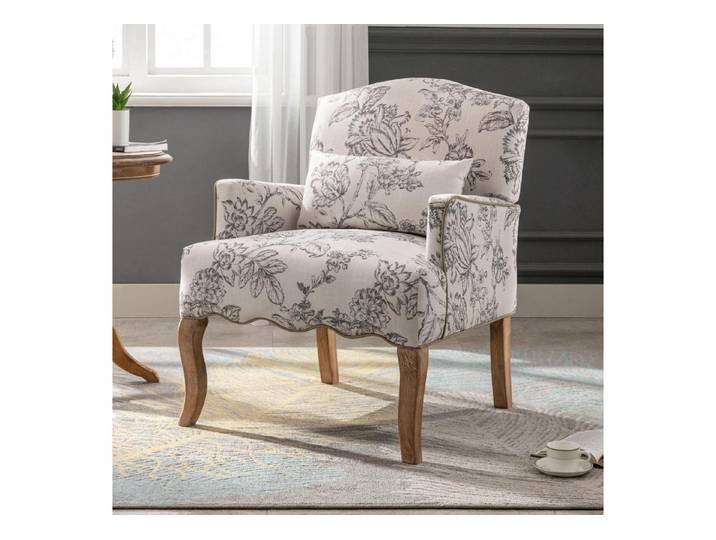LuxusKollektion Cocktailsessel Sessel Armlehne Holzbeine Blumenmuster Akzentstuhl Kissen Beige