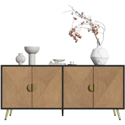Sideboard 160x40x75 cm, 4 Türen, verstellbare Regale, Soft-Close, goldene Griffe und Beine, Stauraum, schwarz + Holzmaserung