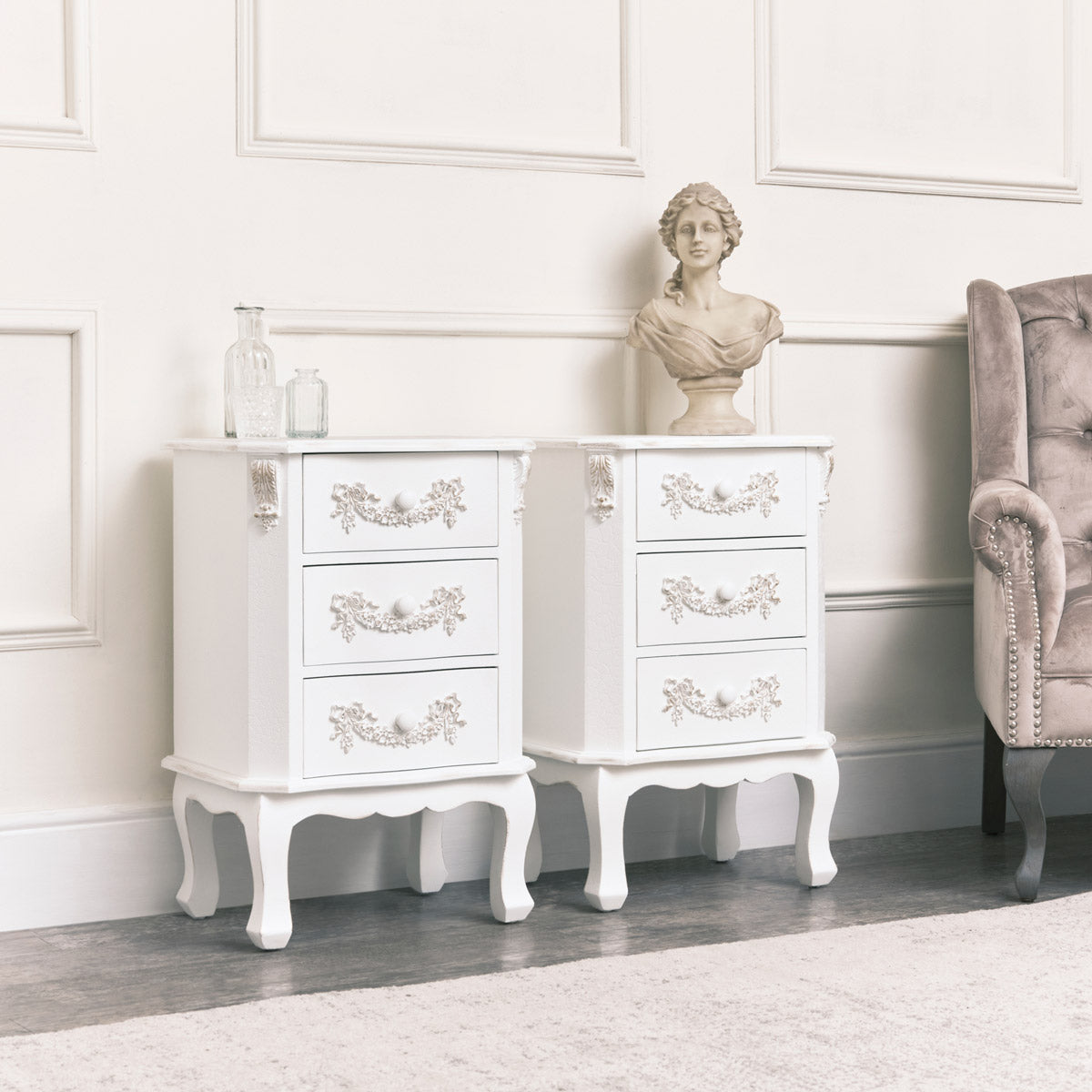 Pair of Antique White 3 Drawer Bedside Tables - Pays Blanc Range Wood