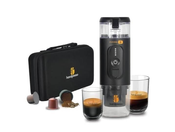 Handpresso - Kaffeemaschine Akku E-PRESSO+ mit Koffer Mini Espressomaschine(aufladbar USB) für Espressokapseln oder gemahlenen Kaffee großer 90ml Tank (max. 110ml) 3x2,9 mA Akku