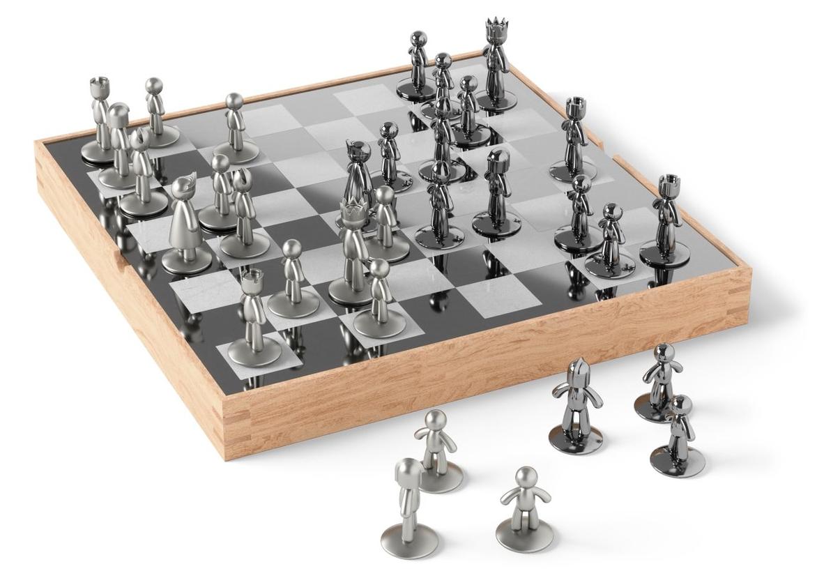 Schachspiel Schachbrett Schachfiguren - Esche - Metall - 36 x 36 cm - Naturfarben