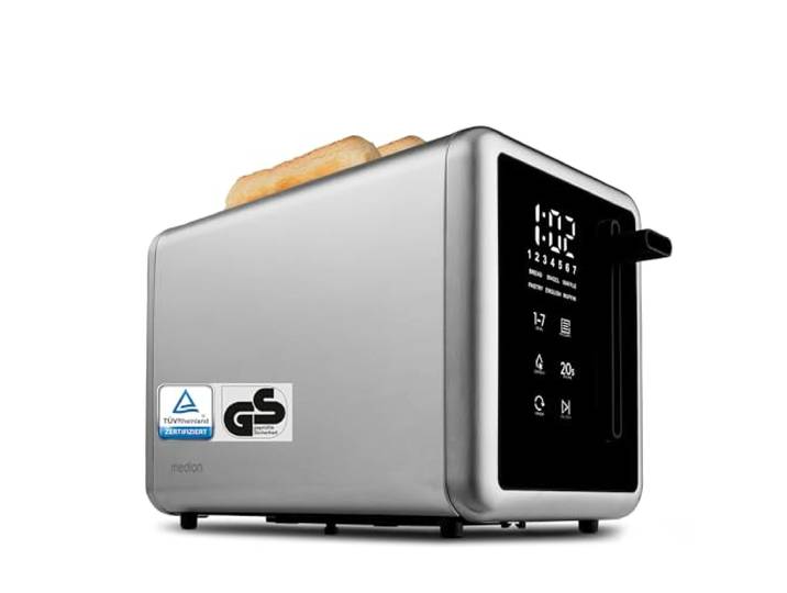 MEDION Toaster 2 Scheiben mit Brötchenaufsatz (7 Bräunungsstufen, 5 Automatikprogramme, 850 Watt, Auftauen, Aufwärmen, LED Sensor Touch Display, Krümelschublade, Edelstahl Matt, MD 12102) silber