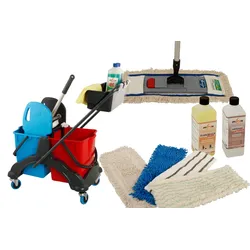 Axis Line Wischmop Komplettset mit Doppelfahrwagen Reinigungswagen 17 Liter Kunststoff und Ersatzmöppe und 2 x Profi Reinigungsmittel 40 cm breite