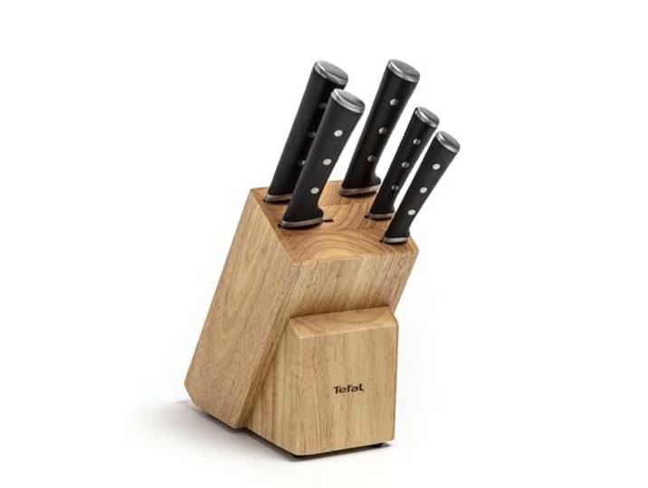 Tefal Ice Force Messerblock aus Holz, 5 Messer, Brotmesser 20 cm Chefmesser, Santokumesser 18 cm, Gemüsemesser 11 cm, Tranchiermesser 9 cm, Edelstahl, braun/schwarz, K232S5