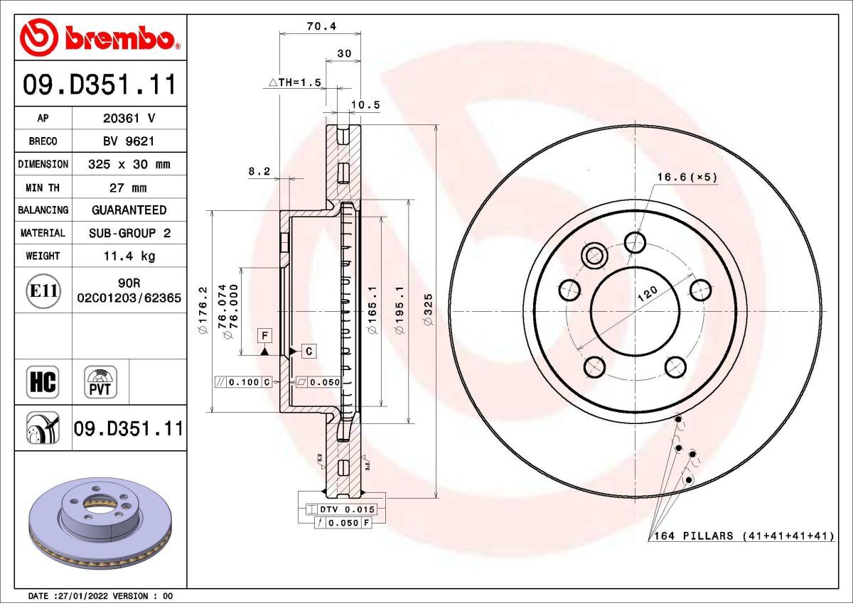 Bremsscheibe BREMBO 09.D351.11, 1 Stück