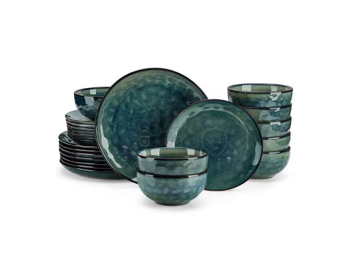Quality Elegance Geschirr-Set Steingut Geschirrset Grün Blau Struktur – Teller & Schalen Set (24-tlg), 4 Personen, Steingut