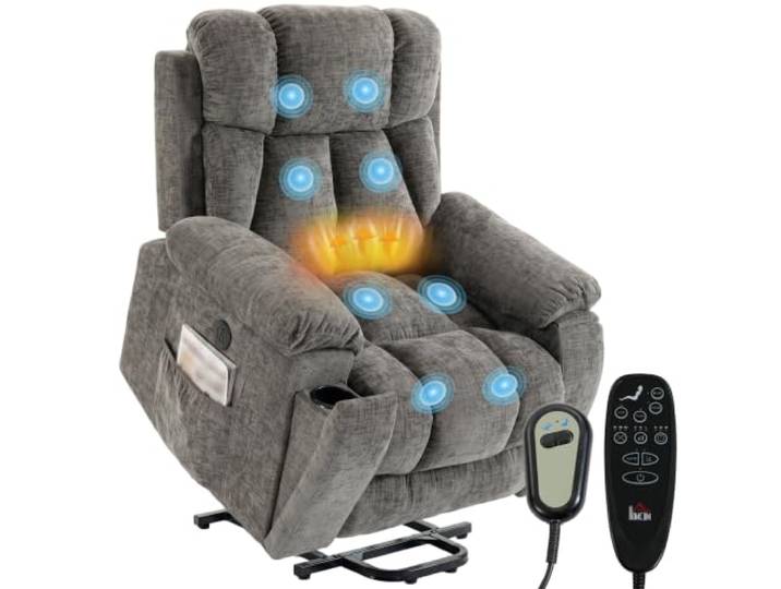 HOMCOM Relaxsessel Fernsehsessel mit Aufstehhilfe, Massage & Wärme Elektrisch, Massagesessel, mit USB-Anschluss, Fernbedienung, Seitentasche, Becherhalter, Chenille-Optik, Dunkelgrau