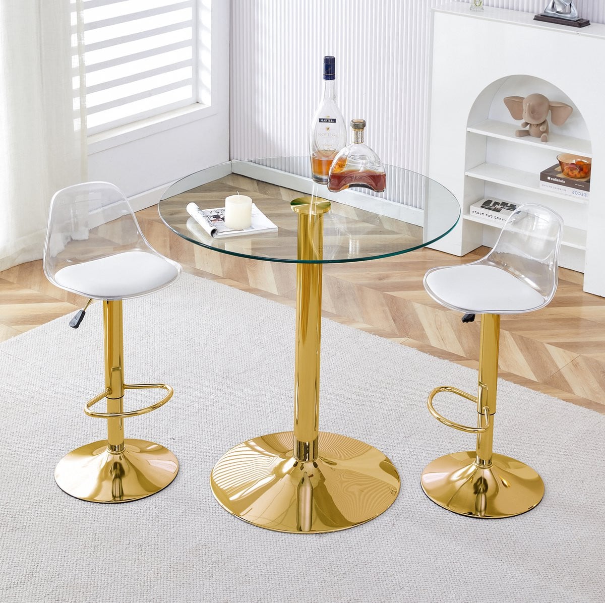 STILVORA Bartafelset met ronde glazen tafel en 2 verstelbare barkrukken - Goud Transparant - Metaal en Kunststof