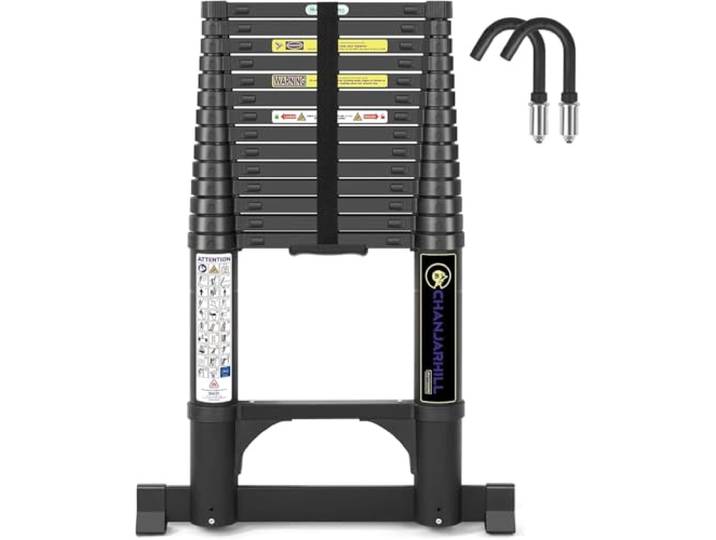 Chanjarhill Alu Teleskopleiter Ausziehbare Leiter 4,4 Meter Schwarz Hochwertig Klappleiter, Stabilisator und Abnehmbaren Haken, Robust Tragbar Stehleiter Anlegeleiter, Wohnmobile und Dachböden