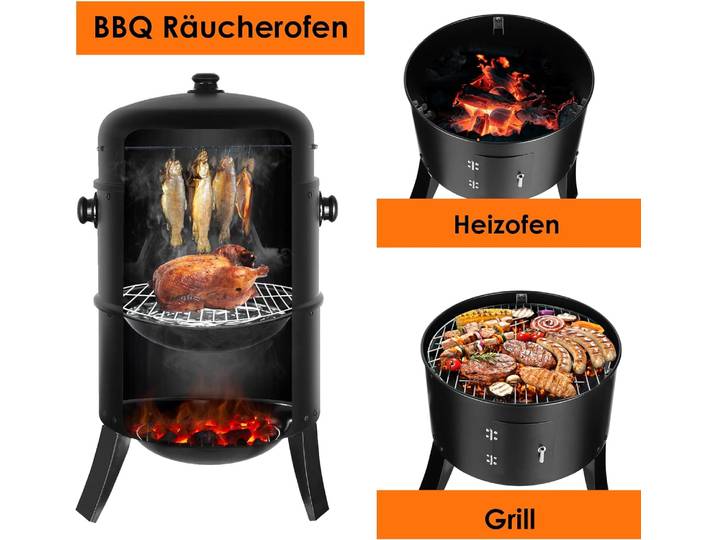 Four fumoir 3 en 1 à charbon de bois, fumoir à eau à baril, barbecue rond avec couvercle et Therye, 2 grilles en acier inoxydable