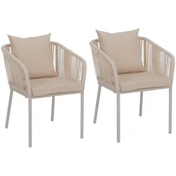 PROREGAL 2er-Set Gartenstuhl HxBxT 75x55x55cm Sitzhöhe 48cm wetterfest Aluminium Seilgeflecht Rope Creme Outdoor Armlehne