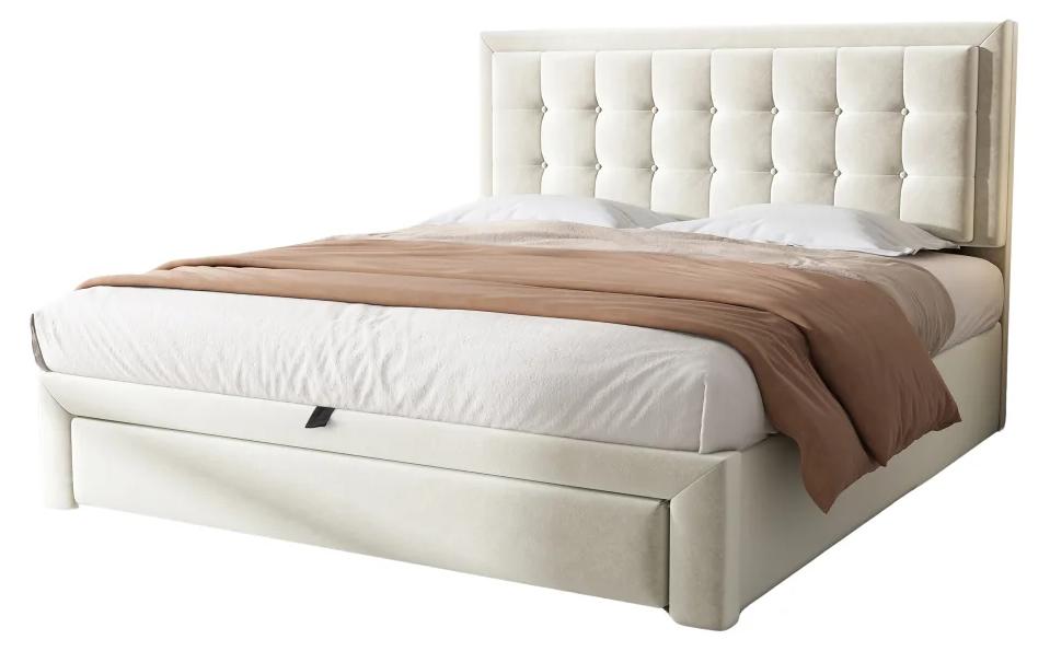 Polster-Doppelbett - Hydraulisches Bett 140 x 190 cm - Samtbezug - Holzlattenrost - 2 Bettkästen - Kopfteil - Beige