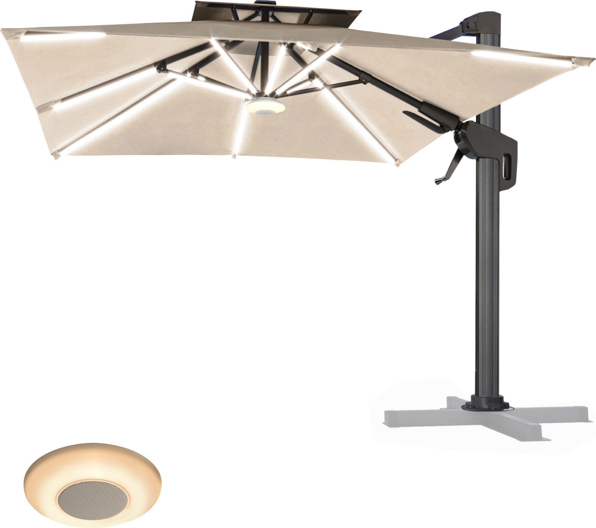 SUN PIETRO | Sonnenschirm | Quadratisch | B:T 300 x 300 cm | Taupe | LED | +Musikbox | Sonnenschirm, Gartenschirm, Ampelschirm, Balkonschirm