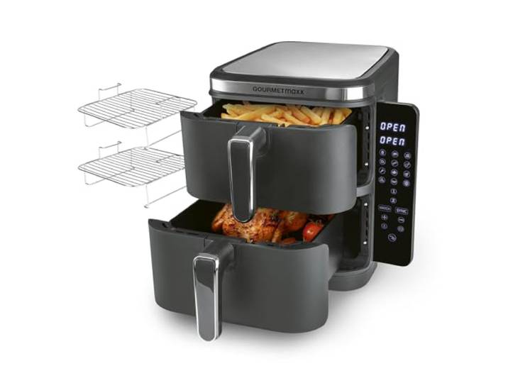 GOURMETmaxx Friteuse à air chaud verticale à double chambre FryUp à air chaud verticale écran tactile rabattable 32% plus compacte capacité 10 l friteuse à air chaud 2 chambres