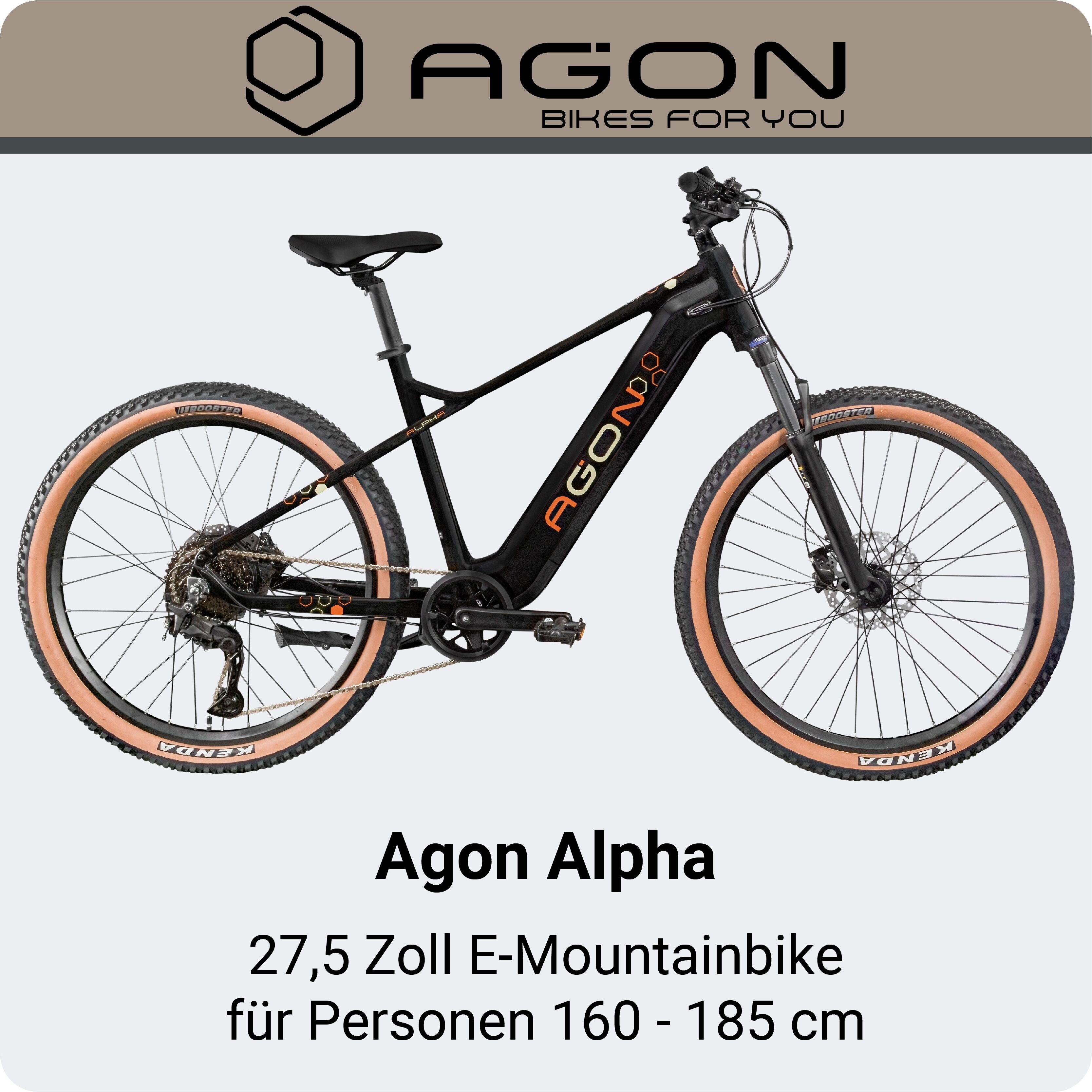 E-Bike AGON "Alpha" Gr. 48, schwarz (schwarz, beige), Elektrofahrräder, 48cm, 27,5 Zoll (69,85cm), E Bike Mountainbike Herren oder Damen 160 - 185 cm