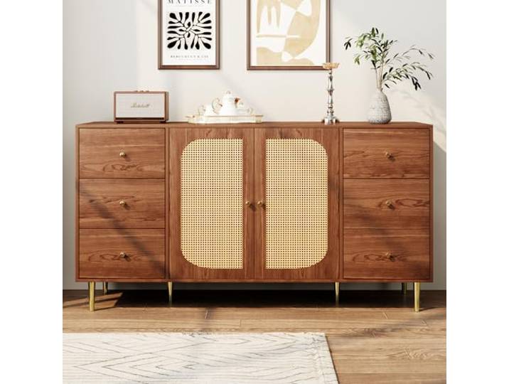 Merax Sideboard Kommode mit 2 Schränken & 6 Schublade, Moderne Buffetschrank mit viel Stauraum, Rattan-Holzschränke, Landhausstil, Beistellschrank für Schlafzimmer, Wohnzimmer, Esszimmer, Braun, 160cm