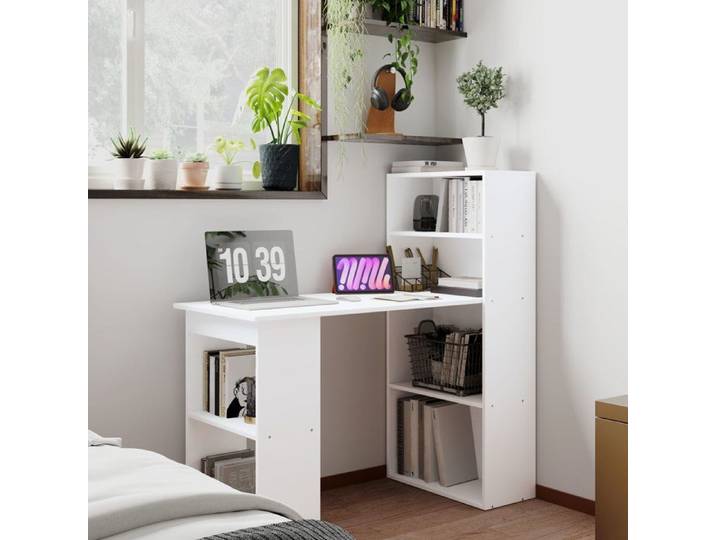 Bureau informatique - ZEVKOR - 120×55×120 cm - Bois blanc - Étagère intégrée - 6 niches ouvertes