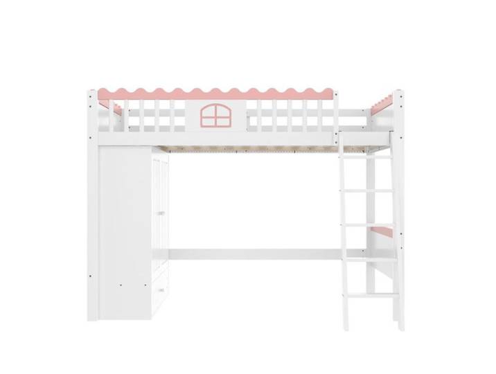 Lit Mezzanine Enfant 90x200cm Bois Pin Blanc - LED Armoire Tiroir - Lit Fonctionnel sans Matelas